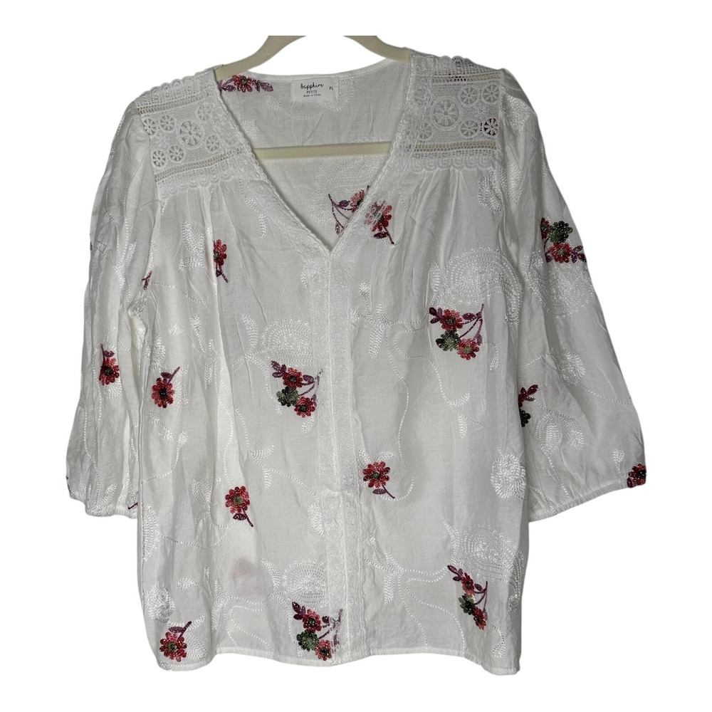 Sapphire Size-PL Boho Floral Embroidered Lace Peasant Blouse White